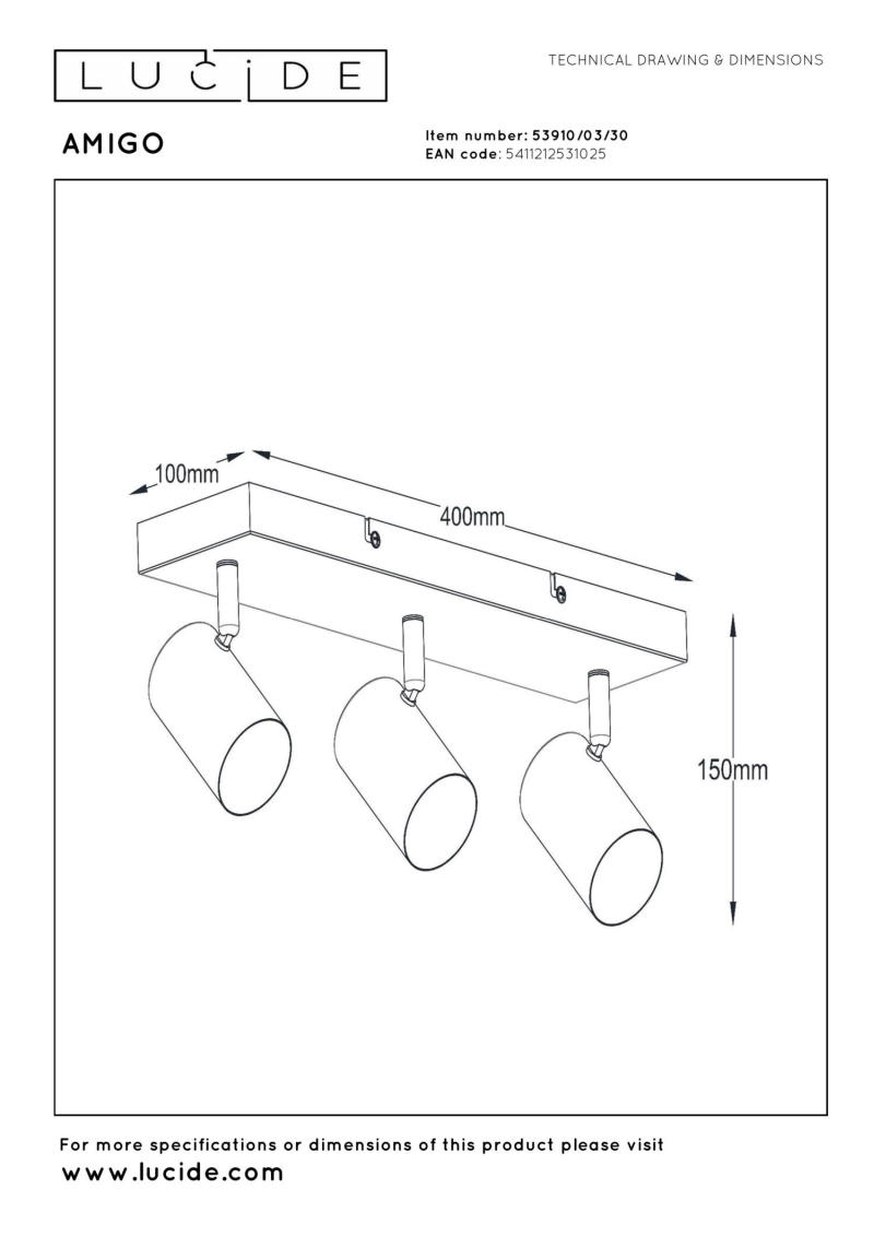 Lucide AMIGO - Ceiling spotlight - 3xGU10 - Black